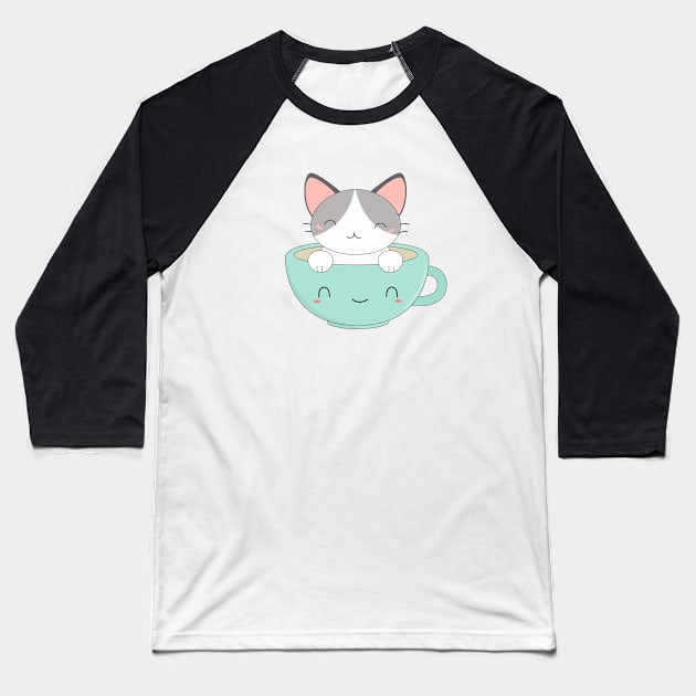 Kawaii Cute Coffee Cat T-Shirt Baseball T-Shirt by happinessinatee